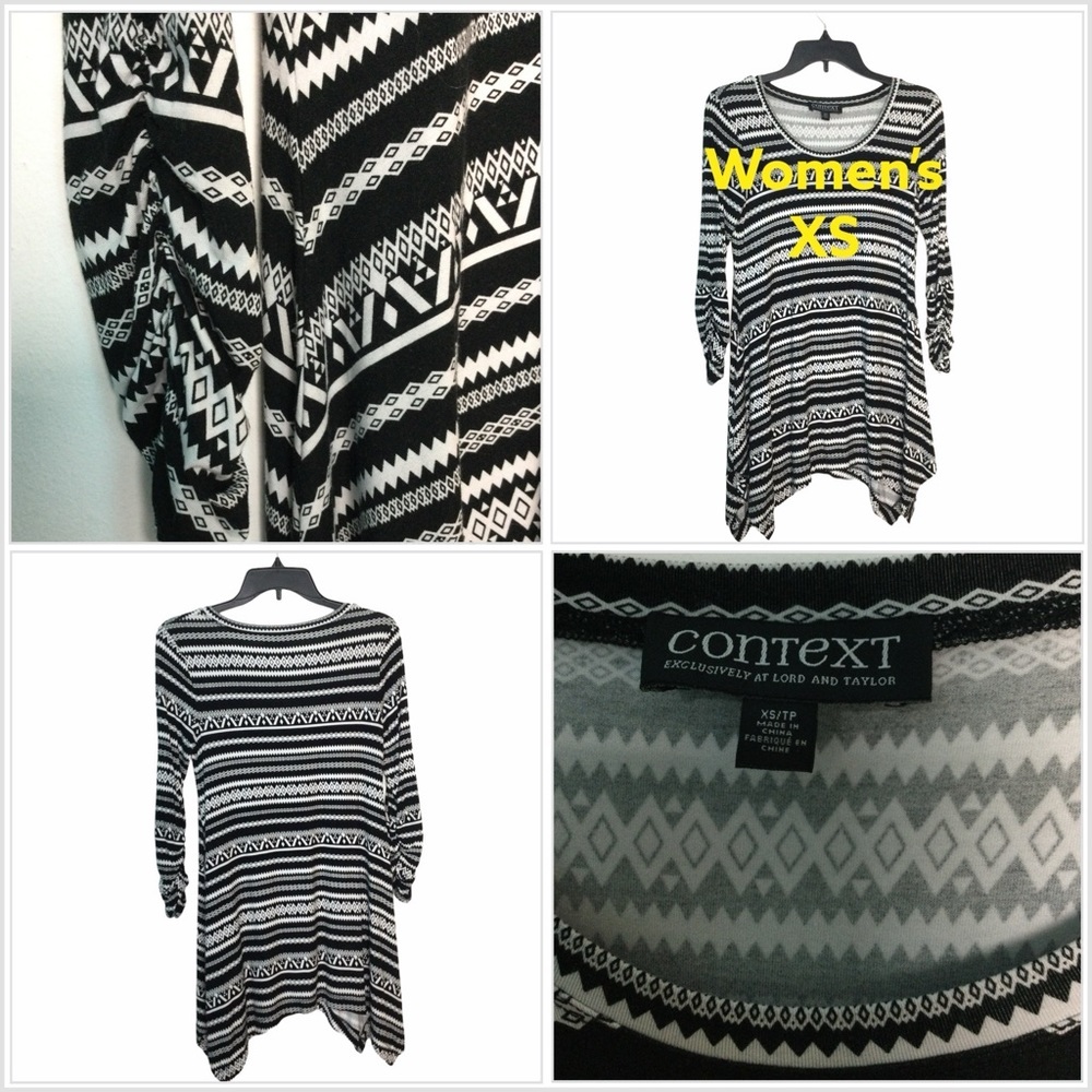 Context XS 0 - 2 Asymmetrical Knit Tunic Top Black White Long Scrunched Sleeve